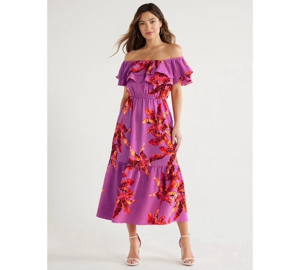 Sofia Vergara Women's Ruffle Off Shoulder Maxi Dress Tropical XL Vacation